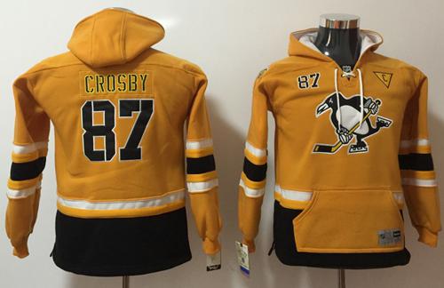 Penguins #87 Sidney Crosby Yellow Youth Name & Number Pullover NHL Hoodie - Click Image to Close